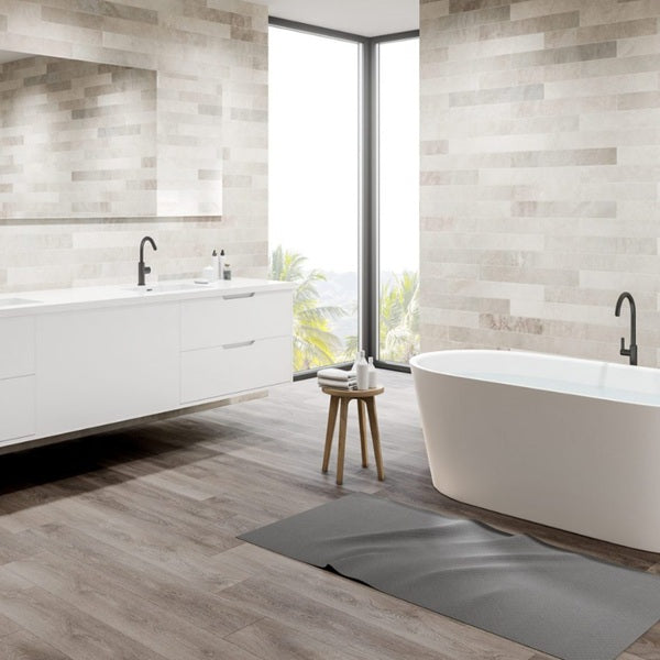 Luvanto Click+ Brushed Oak QAF-LKP-12 grey wood-effect vinyl flooring in modern living room