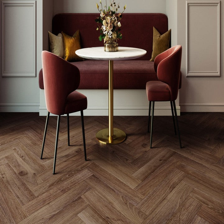 highland Oak Herringbone chocolate Invictus. Perfect 6" x 29" herringbone LVT. Invictus Maximus